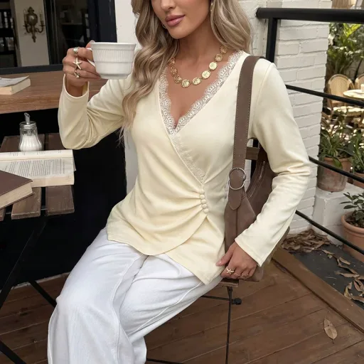 Beige Lace Long Sleeve V Neck Top for Women Casual Fit in Multiple Sizes private label