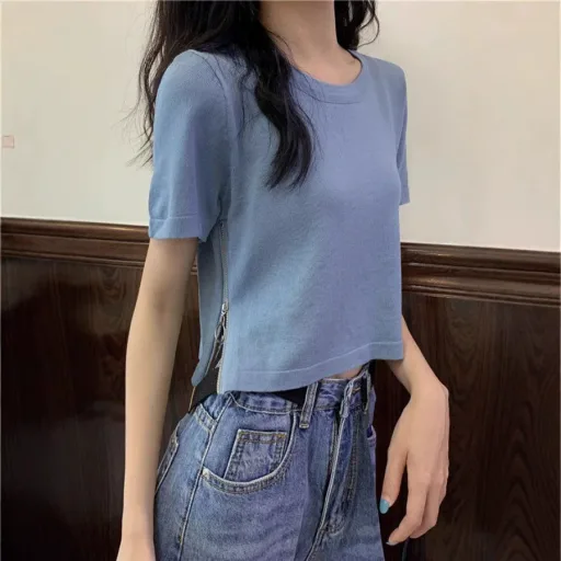 Short Sleeve Zipper T Shirt For Women Slim Fit Casual Style Summer Essential Available In Black Wholesale Sizes S To Xxl