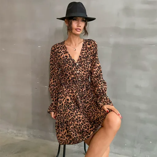 Womens Long Sleeve V Neck Leopard Print Dress in Khaki Casual Spring Fashion Low MOQ