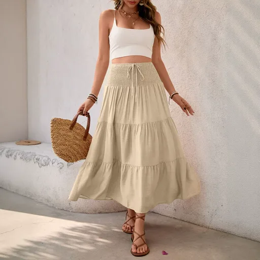 Casual Maxi Skirt Solid Color Elastic Waist Versatile Design Perfect for Vacation or Everyday We