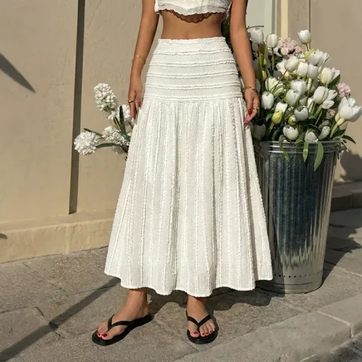 Casual Maxi Skirt Elastic Waist Solid Color Textured Fabric Vacation Wear for Women Wholesale Av