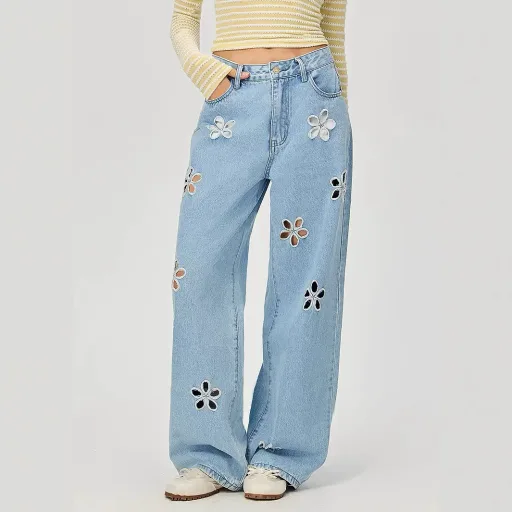 Loose Fit Wide Leg Jeans with Floral Cutouts for Women in Blue Casual Summer Wear Wholesale ready to ship