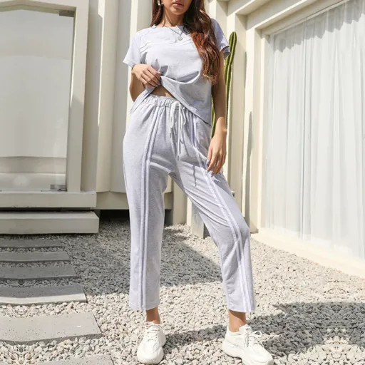 Two Piece Striped Casual Set Short Sleeve Round Neck Trendy Design Perfect for Summer Outings Wholesale Availabl
