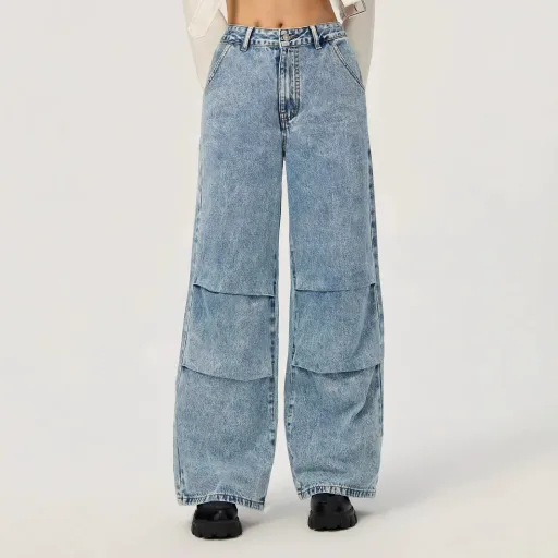 Womens Casual Wide Leg Jeans Blue Denim Straight Fit Available in XS to L Wholesale Ready to Ship OEM ODM service