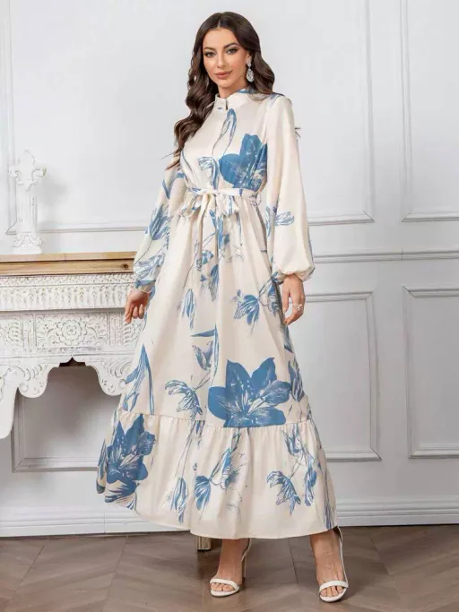 Floral Print Womens Dress Stand Collar Lantern Sleeve Casual Summer Wear Available in Multiple Colors and Sizes