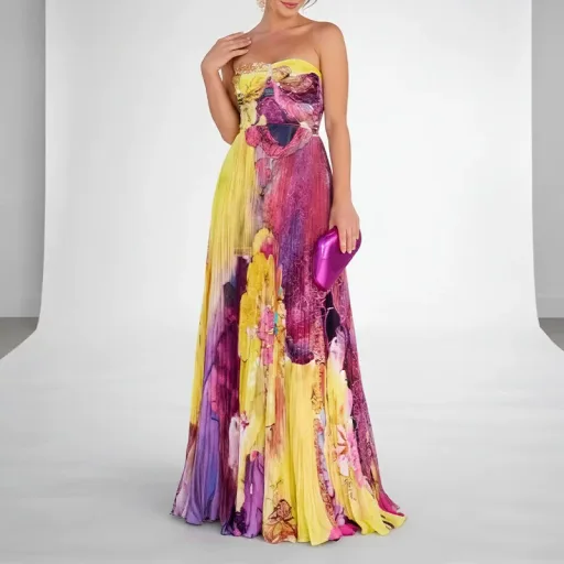 Elegant Floral Print Strapless Dress For Women Summer Collection Available In Purple Wholesale Sizes S To 3Xl