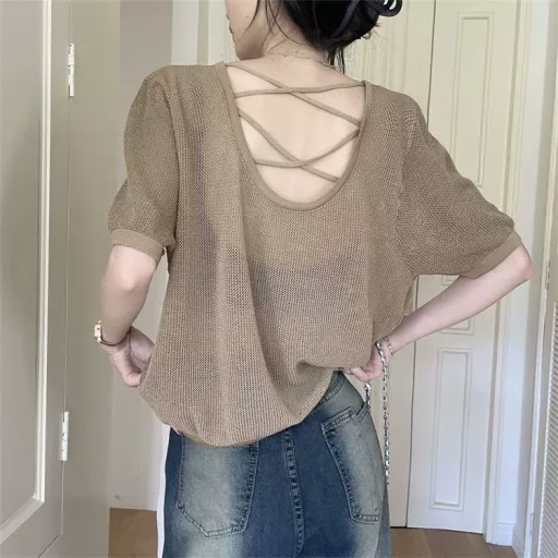 Womens Summer Casual T Shirt Cross Back Design Loose Fit Round Neck Knit Top Available In Black And Khaki Wholesale