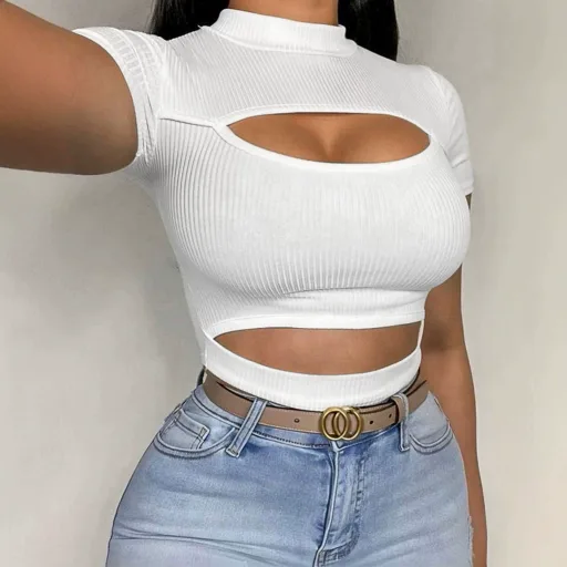 Womens Short Sleeve Knit T Shirt Half Turtleneck Slim Fit Hollow Out Design Summer Casual Wear Wholesale Availab