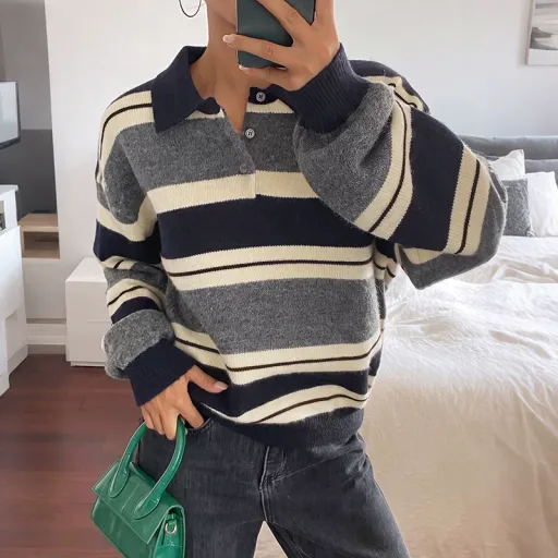Loose Fit Striped Knit Sweater for Women Soft Fabric Classic Collar Casual Style Available in Blue Wholesale