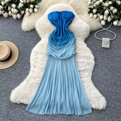 Strapless Mermaid Dress For Women Summer Elegant Gradient Color Ruffled Waist Mesh Fabric