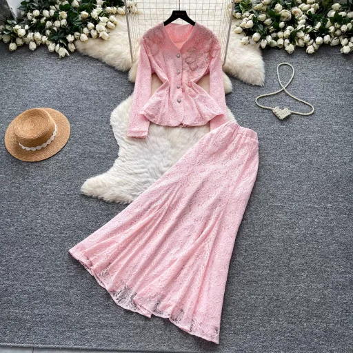 V Neck Lace Two Piece Set for Women Embroidered Beaded Design Elegant Autumn Office Wear V Neck Lace Two Piece Set for Women Embroidered Beaded Design Elegant Autumn Office Wear