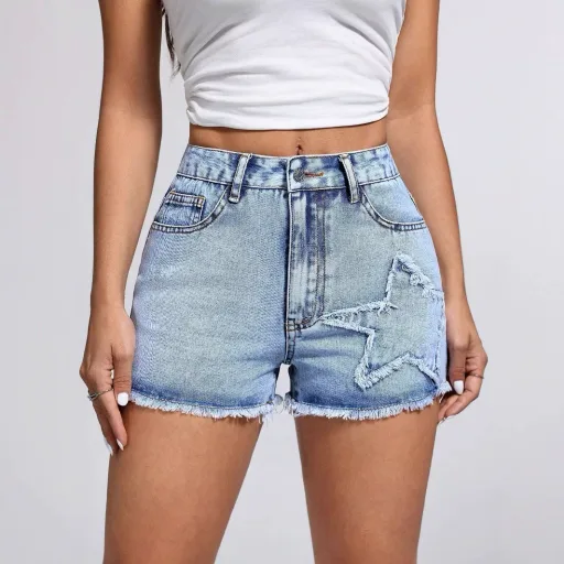 Womens Casual Denim Shorts with Frayed Hem and Star Pattern in Blue for Summer in Multiple Sizes