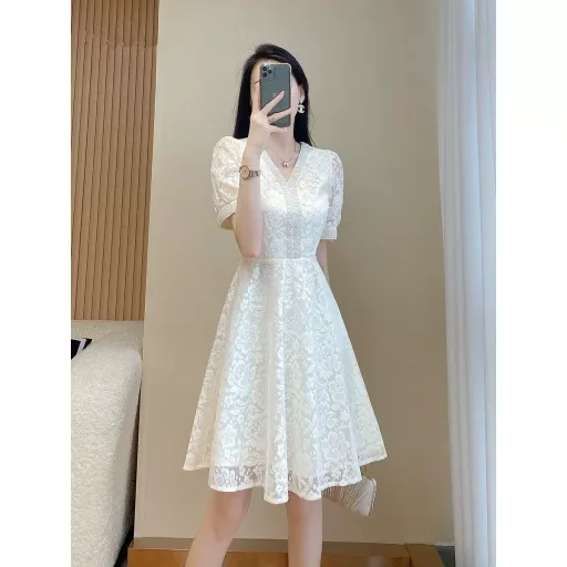 Lace Midi Dress For Women Elegant Fit And Flare Silhouette Summer Casual Wear Available In White And Apricot