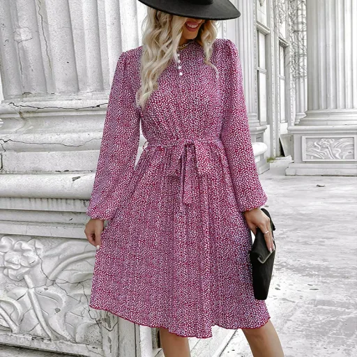 Burgundy Floral Long Sleeve Dress Casual Elegant Style Perfect for Spring and Summer