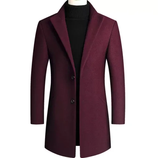 Mens Wool Overcoat Thickened Slim Fit Double Breasted Solid Color Fall Winter Collection