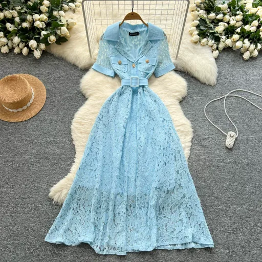 Elegant French Style Short Sleeve Dress For Women With Lace And Belted Waist In Summer Colors Wholesale