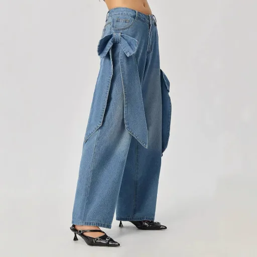 Wide Leg Denim Jeans for Women Casual Street Style Bow Detail Blue Available in XS to L Wholesale Supply