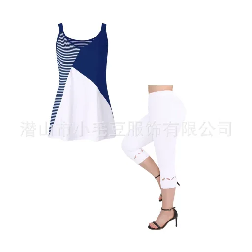 Summer Womens Two Piece Set Sleeveless Round Neck Color Block Design Casual Fashion For Everyday