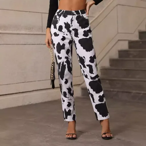 High Waist Cow Print Denim Jeans for Women Trendy Casual Style Available in White Wholesale Sizes S to XL