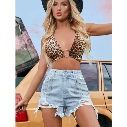 High Waist Ripped Denim Shorts for Women Loose Fit Light Blue Casual Summer Wear