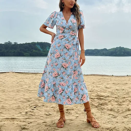 Elegant Blue Summer Dress for Women with Tie Detail Casual Beach Vacation Style in Multiple Sizes