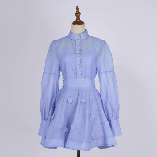 Womens Lantern Sleeve Button Up Shirt and A Line Skirt Set Casual Spring Summer Fashion Available in Multiple Colors