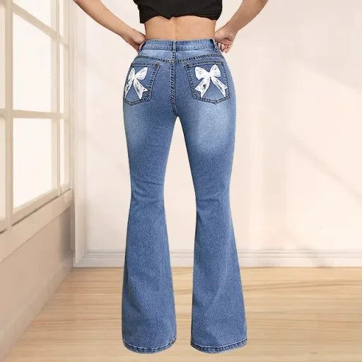 Womens Denim Long Pants Bow Print Design Casual Fit Available in Blue Wholesale Sizes S to XL customizable