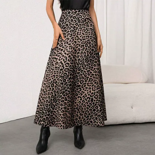 Vintage Leopard Print A Line Midi Skirt Flattering Fit Stylish Draping Versatile Casual Wear Who