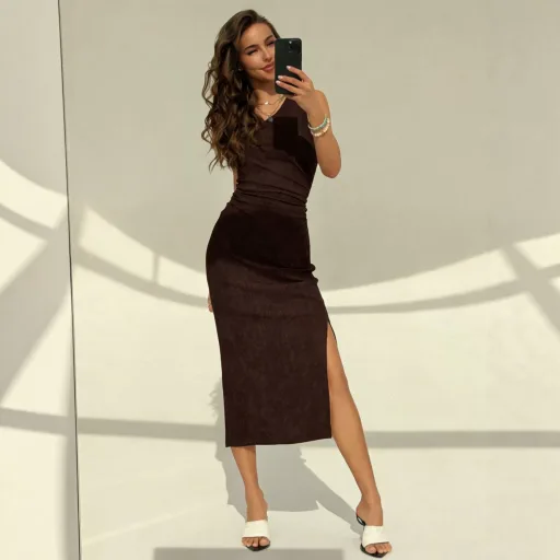 Summer Womens Dress Slim Fit Waist Design Side Slit Elegant Style Brown Available In S To Xl Wholesale