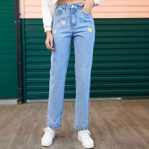 Womens Embroidered Denim Straight Leg Pants Loose Fit Casual Style Available in Blue Wholesale Sizes XS to XL