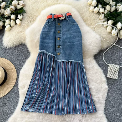 High Waist Color Block Striped Denim Midi Skirt for Women A Line Silhouette Casual Wear Available in Multiple Sizes