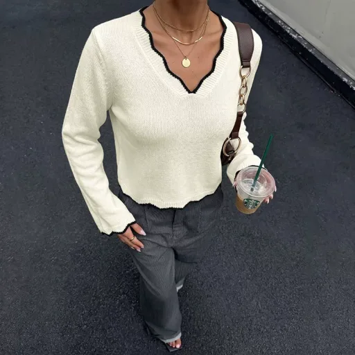 Womens Color Block V Neck Sweater Casual Style Lightweight Knit Available in White Wholesale Supply