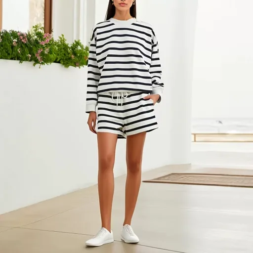 Womens Casual Striped Color Block Sweatshirt Set Loose Fit Long Sleeve Round Neck Top with Shorts Spring Autumn Wholesale