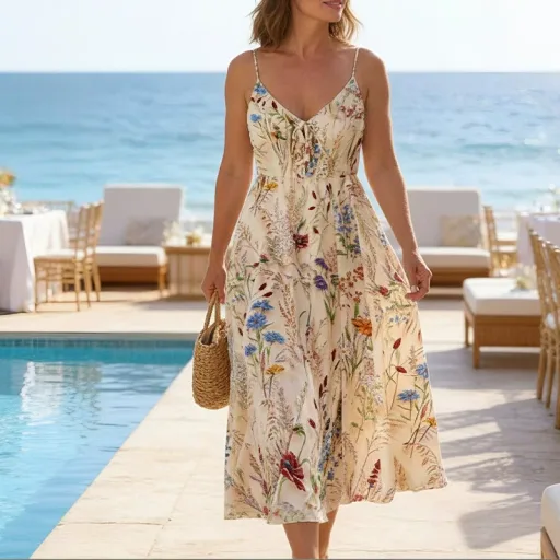 Elegant Floral Print Maxi Dress for Women Adjustable Straps Available in Apricot Wholesale Sizes S to 3XL