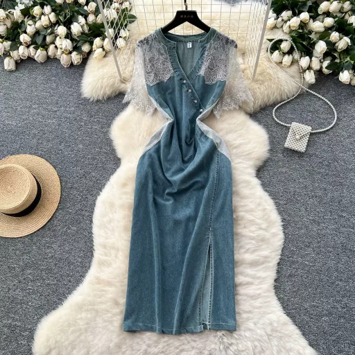 V Neck Lace Panel Short Sleeve Denim Dress For Women Slim Fit Summer Style Available In Blue Wholesale Sizes M To Xxl
