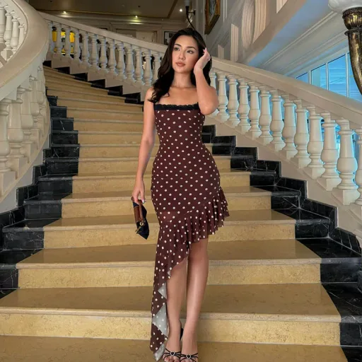 Brown Polka Dot Print Lace Trimmed Cami Dress Summer Vacation Style Asymmetrical Hem Wholesale A