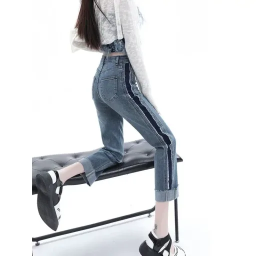 High Waisted Straight Leg Jeans for Women Color Block Design Cropped Length Summer Style Wholesale Available