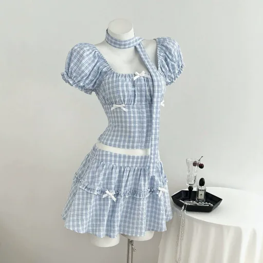 Womens Summer Plaid Puff Sleeve Shirt And A Line Skirt Set In Blue Casual Fashion
