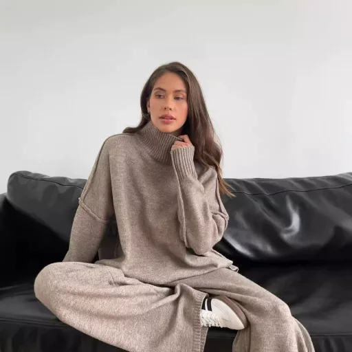 Womens Knitted Sweater Set Turtleneck Loose Fit with Split Hem Casual Two Piece Outfit for Fall Womens Knitted Sweater Set Turtleneck Loose Fit with Split Hem Casual Two Piece Outfit for Fall
