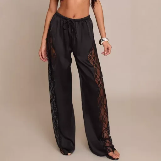Womens Satin Lace Loose Fitting Floor Length Pants Solid Color Fashionable Elegant Design Perfect for Parties and Womens Satin Lace Loose Fitting Floor Length Pants Solid Color Fashionable Elegant Design Perfect for Parties and