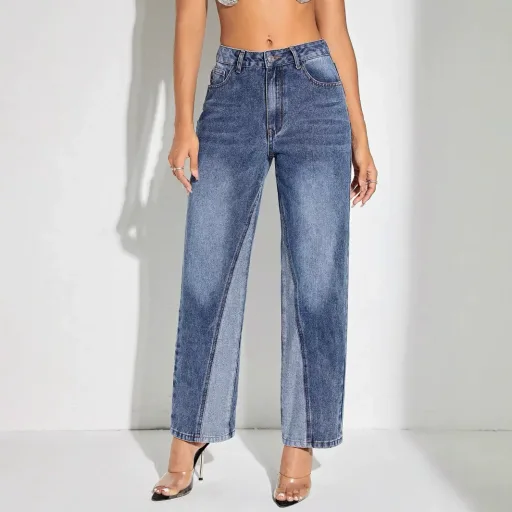Wide Leg Patchwork Denim Pants for Women Casual Blue Jeans Comfortable Fit for Everyday Wear