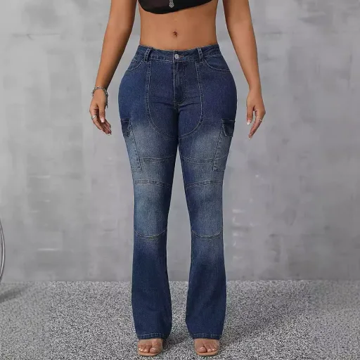 Womens High Stretch Flared Denim Pants Casual Versatile Design Blue Available in XS to L Wholesale factory direct