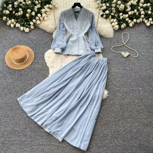 French Style V Neck Embroidered Jacket with High Waisted Pleated Skirt Elegant Lightweight Two Piece Set for Fall