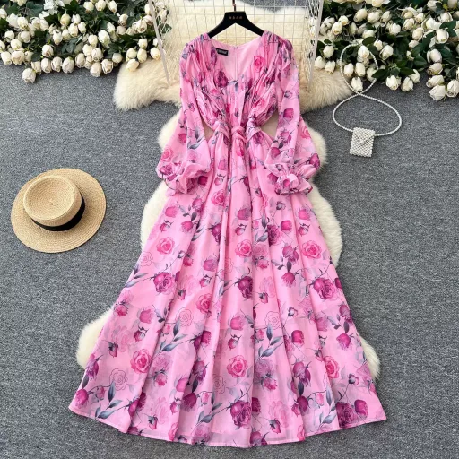 Elegant Womens Floral Chiffon Dress Slim Fit Waist Design Long Sleeve for Spring and Summer