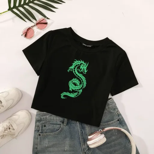 Fashionable Womens Hip Hop T Shirt Unique Dragon Print Short Sleeve Casual Style Wholesale Available