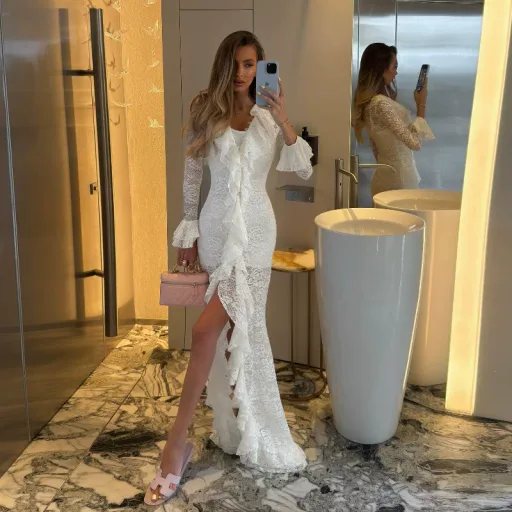 Lace Long Sleeve Dress For Women Elegant Ruffled Hem Summer Fashion Available In White Wholesale Sizes S M