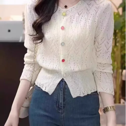 Womens Knitted Sweater Hollow Out Design Round Neck Long Sleeve Soft Fabric Spring Summer Casual Wear Wholesale