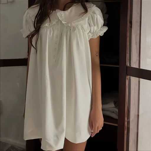 Womens Summer Dress Elegant Slim Fit Loose Puff Sleeve Ruffle Hem White Custom Packaging