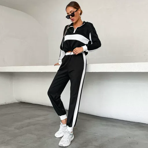 Color Block Stand Collar Sweatshirt Set Casual Style Comfortable Fabric Suitable for Daily Wear