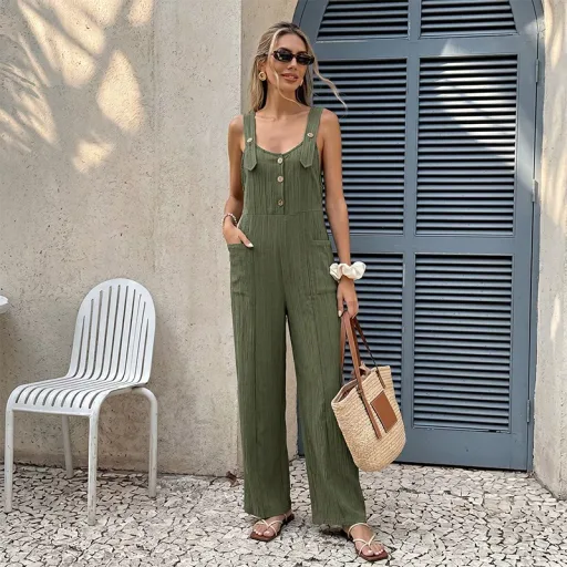 Loose Fit Solid Color Textured Overalls Fresh Vacation Style Comfortable Summer Wear Oem Available